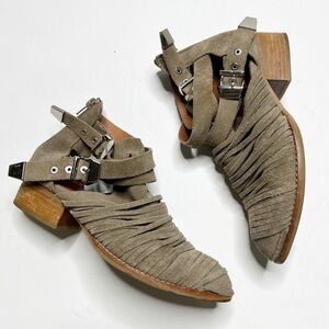 Jeffrey Campbell Block Heel Leather Strappy Ankle Boots Suede Taupe